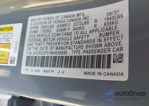 2022 Honda Civic Sport z USA, uszkodzony, nr VIN 2HGFE2F51NH535045